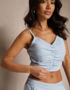  Compleu Albastru Deschis cu Viscoză Pantaloni Largi Top cu Cupe Buretate Tirtebis
