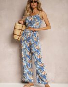  Compleu Albastru din Viscoză Top Scurt cu bretele Pantaloni Larghi cu elastic în talie Dimyila