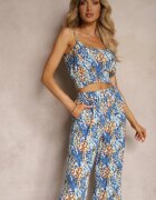  Compleu Albastru din Viscoză Top Scurt cu bretele Pantaloni Larghi cu elastic în talie Dimyila