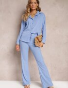  Compleu Albastru în 2 piese cu Cămașă și Pantaloni Decorat cu Imprimeu Delicat Jaila