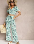  Compleu Albastru-Verde din Bumbac Top scurt cu croială tip cămașă Pantaloni cu elastic și șnur Areadia