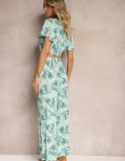 Compleu Albastru-Verde din Bumbac Top scurt cu croială tip cămașă Pantaloni cu elastic și șnur Areadia