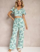  Compleu Albastru-Verde din Bumbac Top scurt cu croială tip cămașă Pantaloni cu elastic și șnur Areadia