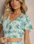  Compleu Albastru-Verde din Bumbac Top scurt cu croială tip cămașă Pantaloni cu elastic și șnur Areadia