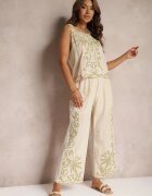  Compleu Bej din Bumbac Decorat cu Broderie Pantaloni Lungi și Bluză Fără Mâneci Kerceria