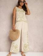  Compleu Bej din Bumbac Decorat cu Broderie Pantaloni Lungi și Bluză Fără Mâneci Kerceria