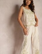  Compleu Bej din Bumbac Decorat cu Broderie Pantaloni Lungi și Bluză Fără Mâneci Kerceria