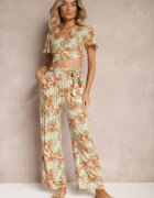  Compleu Bej din Bumbac Top scurt cu croială tip cămașă Pantaloni cu elastic și șnur Areadia