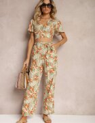  Compleu Bej din Bumbac Top scurt cu croială tip cămașă Pantaloni cu elastic și șnur Areadia