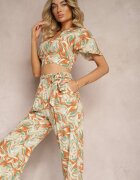  Compleu Bej din Bumbac Top scurt cu croială tip cămașă Pantaloni cu elastic și șnur Areadia