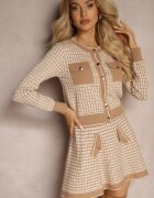  Compleu Bej din tricot Fustă cloche și Cardigan deschis Zemida