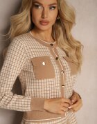 Compleu Bej din tricot Fustă cloche și Cardigan deschis Zemida