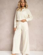  Compleu bej din vâscoză Pantaloni cu picioare largi și elastic în talie Cămașă cu nasturi Tinamars