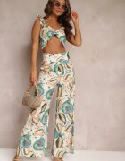  Compleu Bej Floral din 2 piese cu Top și Pantaloni Largi Assomi