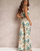  Compleu Bej Floral din 2 piese cu Top și Pantaloni Largi Assomi
