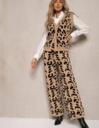  Compleu bej-negru cu imprimeu leopard din tricot cu viscoză vestă cu nasturi și pantaloni largi Elttia