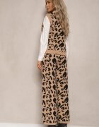  Compleu bej-negru cu imprimeu leopard din tricot cu viscoză vestă cu nasturi și pantaloni largi Elttia