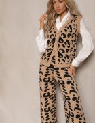  Compleu bej-negru cu imprimeu leopard din tricot cu viscoză vestă cu nasturi și pantaloni largi Elttia