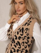  Compleu bej-negru cu imprimeu leopard din tricot cu viscoză vestă cu nasturi și pantaloni largi Elttia