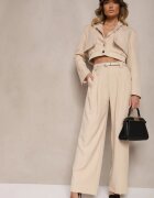  Compleu Bej tip Costum Sacou Scurt și Pantaloni Lungi Lejeri cu Două Curele în Talie Rilithra