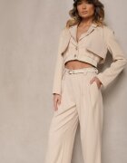  Compleu Bej tip Costum Sacou Scurt și Pantaloni Lungi Lejeri cu Două Curele în Talie Rilithra