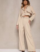 Compleu Bej tip Costum Sacou Scurt și Pantaloni Lungi Lejeri cu Două Curele în Talie Rilithra