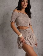  Compleu Bej Top spaniolă și Fustă-Pantaloni scurți cu Volane și Elastic Rinaria