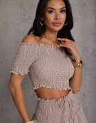  Compleu Bej Top spaniolă și Fustă-Pantaloni scurți cu Volane și Elastic Rinaria