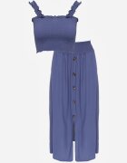  Compleu bleumarin din 2 piese de bumbac cu fustă lungă și top elastic Diomastis