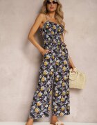  Compleu bleumarin din bumbac cu top încrețit cu bretele și pantaloni largi cu elastic în talie Elary