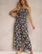  Compleu bleumarin din bumbac cu top încrețit cu bretele și pantaloni largi cu elastic în talie Elary
