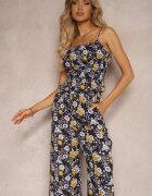  Compleu bleumarin din bumbac cu top încrețit cu bretele și pantaloni largi cu elastic în talie Elary