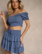  Compleu Bleumarin din Bumbac Fustă Scurtă cu Volane și Bluză cu Decolteu Spaniol Scriba