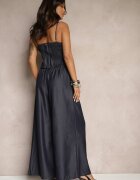  Compleu Bleumarin din Vâscoză cu Top cu Bretele și Pantaloni Largi Danellin