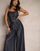  Compleu Bleumarin din Vâscoză cu Top cu Bretele și Pantaloni Largi Danellin