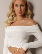  Compleu Casual Alb cu Bluză Carmen cu șnururi și pantaloni evazați elastici din Bumbac Marata