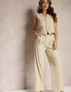  Compleu Costum Bej Vestă și Pantaloni Drepți High Waist Nithriella