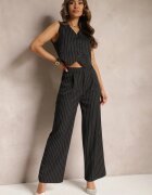  Compleu de costum Negru cu Dungi Delicate cu Vestă și Pantaloni Largi Paliera
