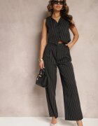  Compleu de costum Negru cu Dungi Delicate cu Vestă și Pantaloni Largi Paliera