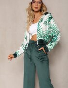  Compleu de trening verde închis din velur bluză cu glugă și imprimeu floral și pantaloni largi lejeri Raiantise