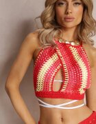  Compleu din 2 piese Roșu din tricot ajurat Top cu legătură și Fustă Munord
