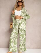  Compleu din 2 piese Verde din viscoză Cămașă cu mânecă lungă și Pantaloni largi Yiseria