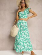  Compleu din viscoză verde cu imprimeu floral cu bluză și fustă cloș Pienara