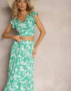 Compleu din viscoză verde cu imprimeu floral cu bluză și fustă cloș Pienara