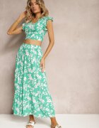  Compleu din viscoză verde cu imprimeu floral cu bluză și fustă cloș Pienara