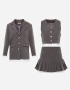  Compleu Elegant Gri în dungi cu Sacou Vestă și Fustă plisată Emmizelle