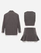  Compleu Elegant Gri în dungi cu Sacou Vestă și Fustă plisată Emmizelle