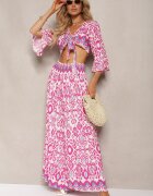  Compleu Fuchia Bluză Tip plic Legat sub bust Pantaloni largi cu elastic în talie Viknelas