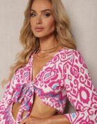  Compleu Fuchia Bluză Tip plic Legat sub bust Pantaloni largi cu elastic în talie Viknelas