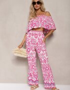  Compleu Fucsia din Bumbac Pantaloni cu Elastic în Talie Top cu Bretele Clarivia